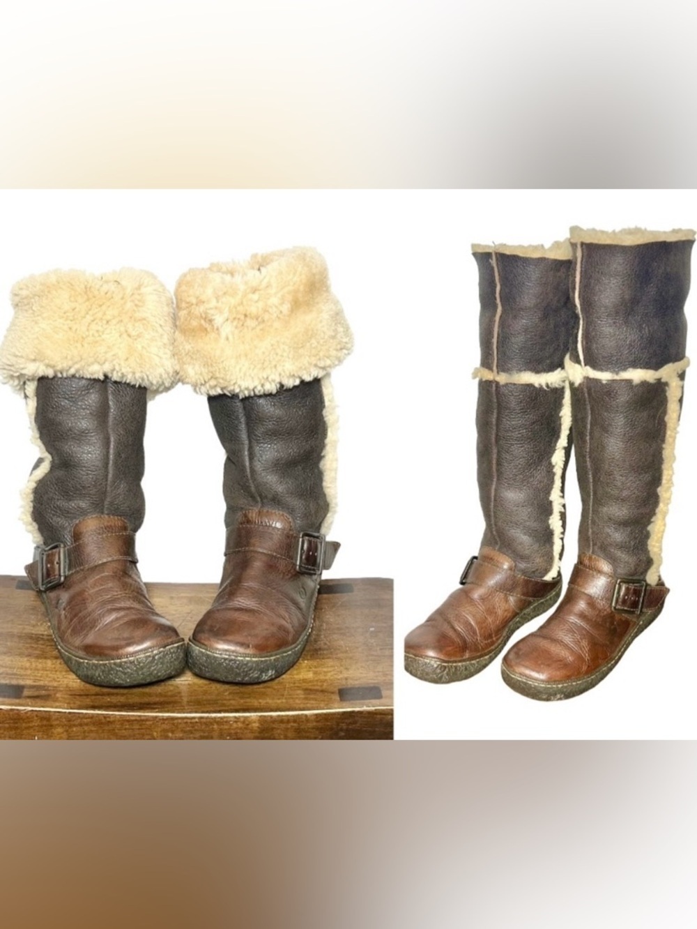 Vintage Born Western Leather Shearling Knee High Boots in Brown & Cream, Size 7